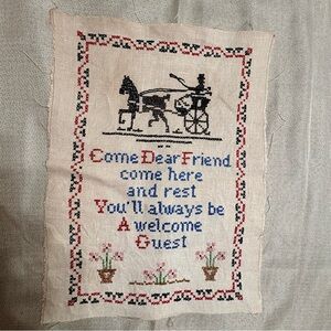 Vintage Cross Stitch Sampler  “Come Dear Friend” Americana Folk Art Wall Hanging